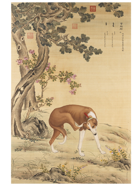 清郎世宁十犬图狗年生肖画新中式装饰画客厅沙发玄关茶楼挂画卷轴