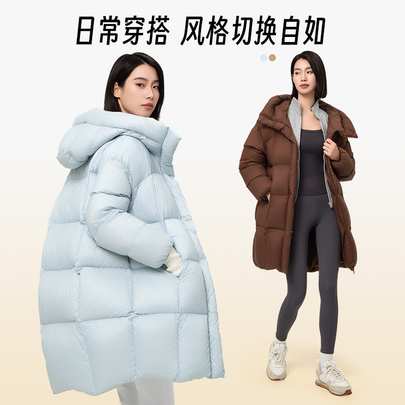 美力城泡芙羽绒服女士冬季2024新款运动户外中长鹅绒服连帽外套