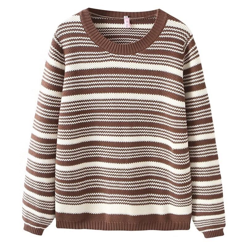 秋冬条纹针织打底衫女2024新款大码女装胖mm宽松显瘦百搭圆领毛衣,淘宝优惠券,粉丝福利购,淘宝优惠卷