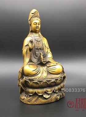 好货纯铜大号铜观音摆件 黄铜中号莲花观世音菩萨佛像供奉铜器