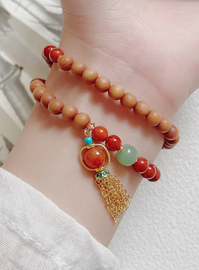 檀木手串女款南红玛瑙手錬串珠文玩檀香佛珠木质盘玩转运沉香复古