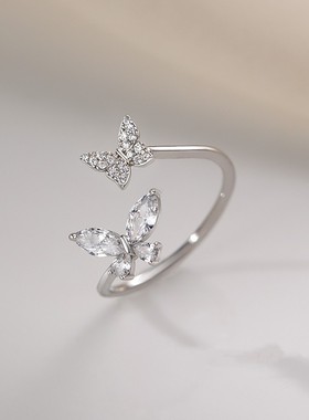 925蝴蝶戒指女尾戒小众设计感轻奢食指戒素圈开口戒