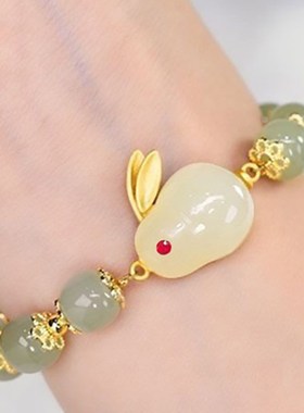 华盛女生款学生中秋节小兔子珠珠手串钱兔无量手镯新中式玉兔手錬