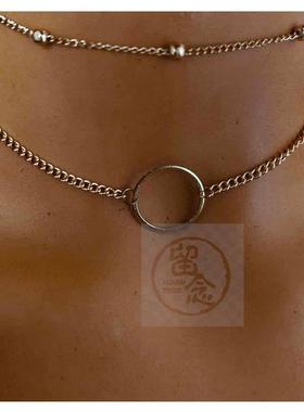 。Round bead chain metal necklace simple alloy Circle Pendan