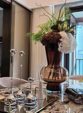 意式轻奢样板房间餐桌摆件高级感餐具套组彷真花艺花束干 干燥花