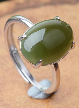 碧玉戒指女款 天然和田玉成品戒指 裸石原石戒面 s925银镶嵌戒指