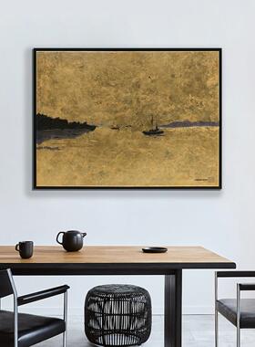 Ru禄秘手绘画金箔装饰画一帆风顺山水画客厅挂画抽象轻奢高档壁画