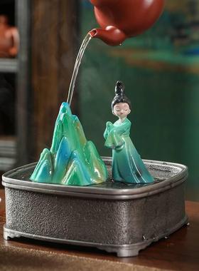 树脂彩绘工艺礼品摆饰温变舞蹈侍女千里江山图只此青绿笔架变色茶