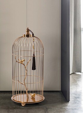 新中式铜鸟装饰品软装酒店样板房间玄关落地摆件大型金属鸟笼摆设