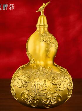 铜葫芦摆件纯黄铜葫芦开盖空心五福临门客厅卧室办公室招财装饰品