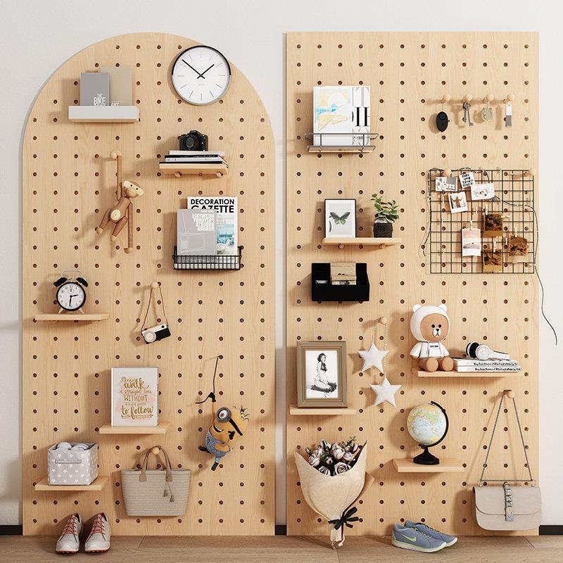 Solid wood hole board custom wall storage rack wall-mounted entrance storage rack wooden wall hanging board bookshelf partition