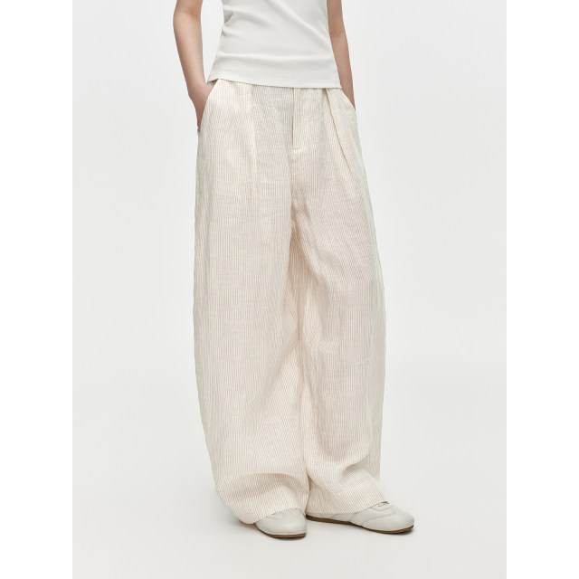 ກາງເກງຫົວ Jiyan Naibei 100 linen yarn-dyed striped straight loose-leg pants pants for women spring and summer casual pants
