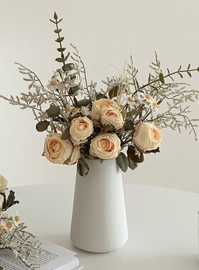 速发花饰感复古烤边玫瑰高洋甘菊花束假花花花瓶摆设花艺装级品