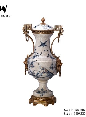 中式轻奢别墅家居青花装饰品摆件铜配陶瓷青花罐客厅门厅奖杯盖坛