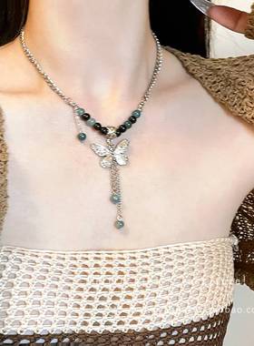 新中式名族风串珠蝴蝶流苏项链女款2023新款爆款颈链编织绳锁骨链