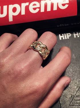 高端Hiphop钛钢微镶锆石水钻链条戒指嘻哈指环夜店潮男戒子饰品