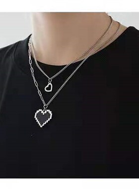 Black pixel Mosaic love peach heart pendant double cascade