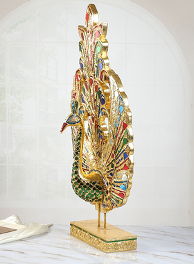 泰国木雕工艺品东南亚风金色孔雀摆件酒店会所客厅玄关门厅装饰品