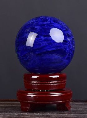永韵 天然蓝水晶球蓝色原石熔链球 家居办公室风水摆饰送底座