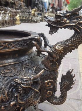 好货纯铜二龙戏珠香炉 圆鼎炉 聚宝盆 龙香炉 铜器工艺品摆件
