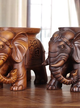 实木雕刻大象凳子换鞋一对木质象摆件落地玄关柜客厅手工艺品乔迁