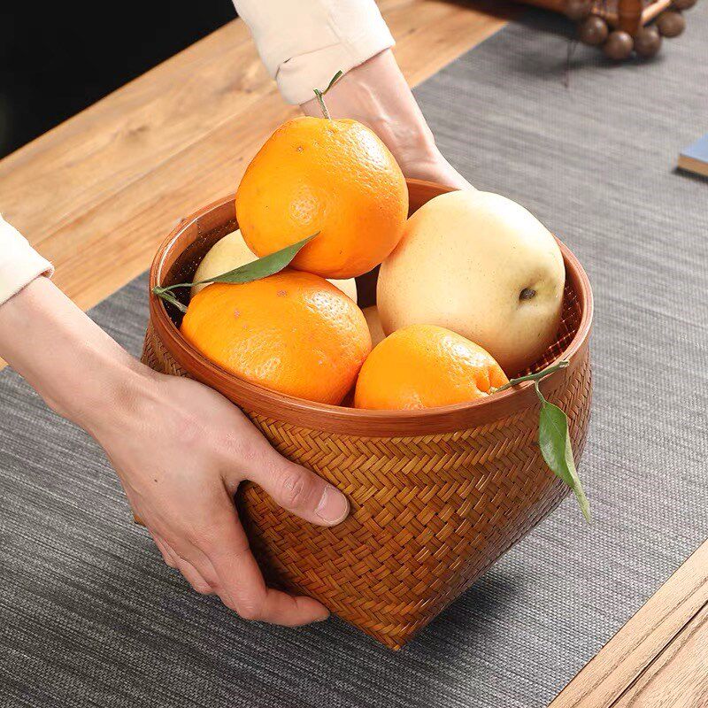 圆形簸箕杂物盒桌面茶道摆件大漆竹编收纳筐手工编织收纳篮子,淘宝优惠券,粉丝福利购,淘宝优惠卷