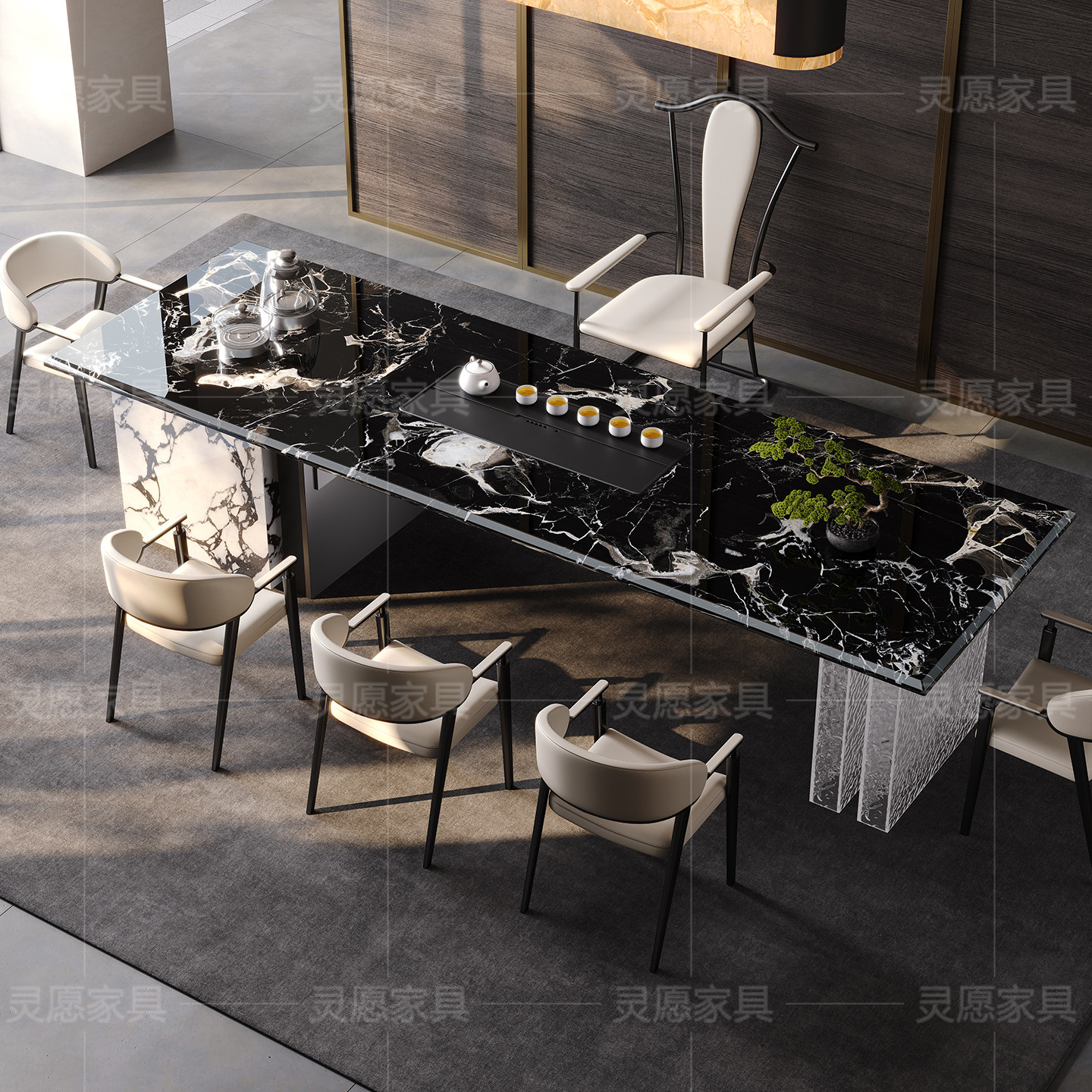 高端黑玫瑰奢石茶台轻奢现代办公一体别墅洽谈接待泡茶桌椅组合,淘宝优惠券,粉丝福利购,淘宝优惠卷