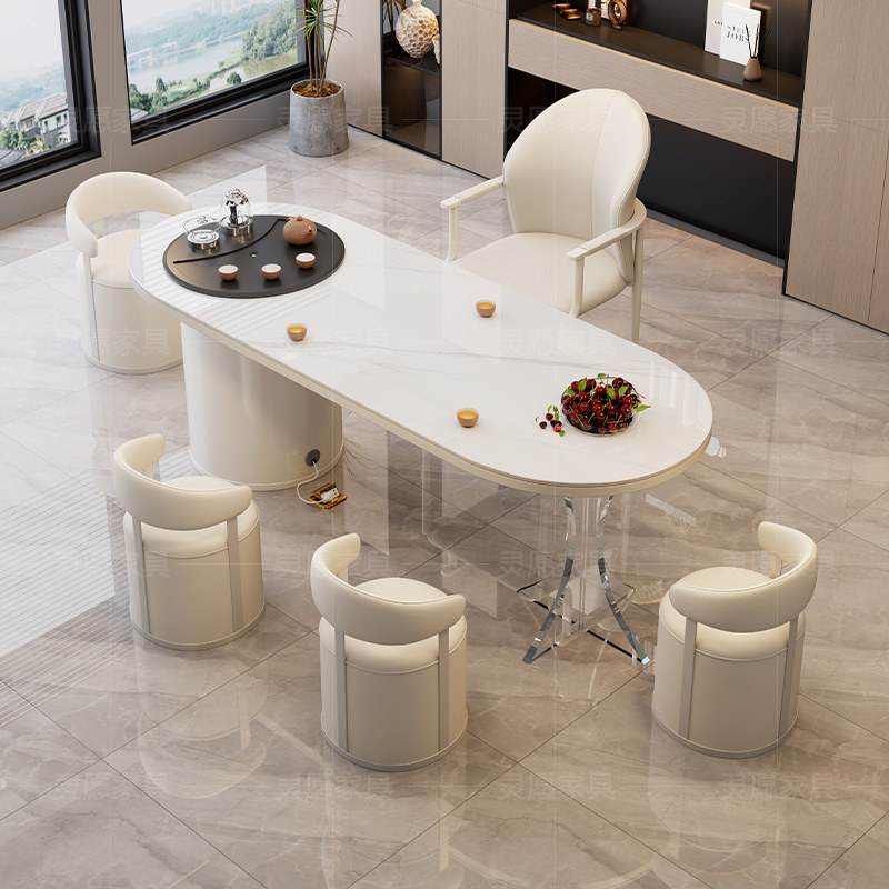 奶油风岩板茶桌椅组合轻奢现代高级感办公一体洽谈接待亚克力茶台,淘宝优惠券,粉丝福利购,淘宝优惠卷