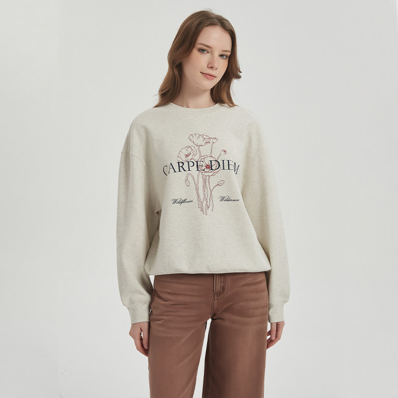 Petit Bari文艺复古花卉圆领休闲卫衣 休闲随性浅灰长袖卫衣,淘宝优惠券,粉丝福利购,淘宝优惠卷