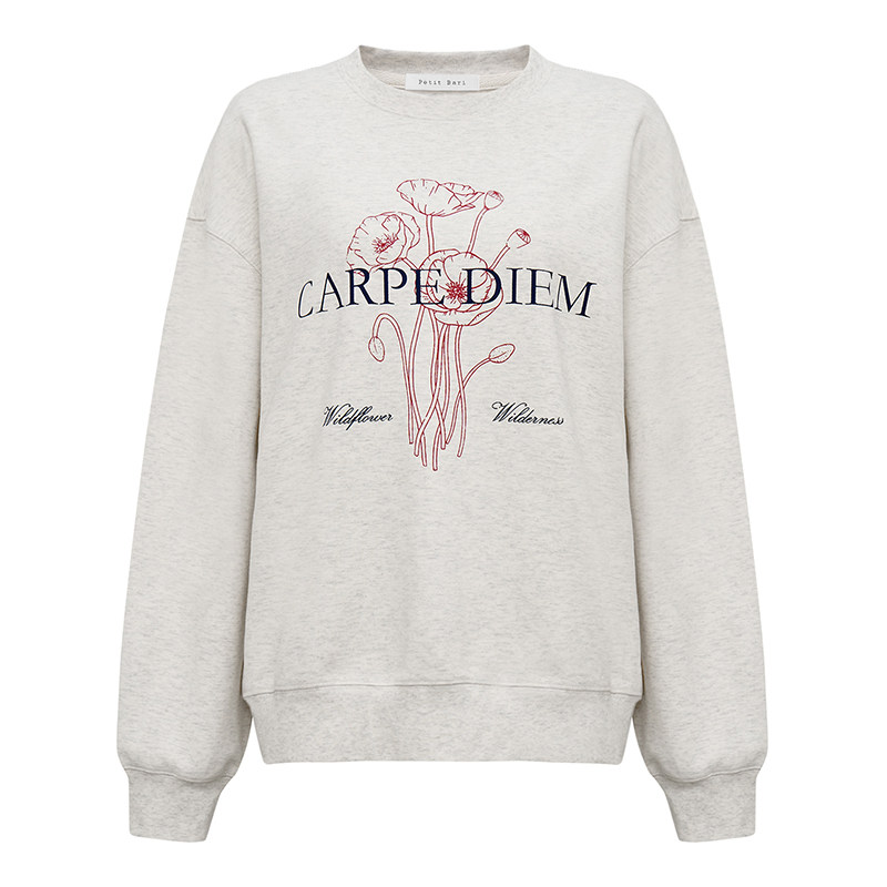 Petit Bari文艺复古花卉圆领休闲卫衣 休闲随性浅灰长袖卫衣,淘宝优惠券,粉丝福利购,淘宝优惠卷