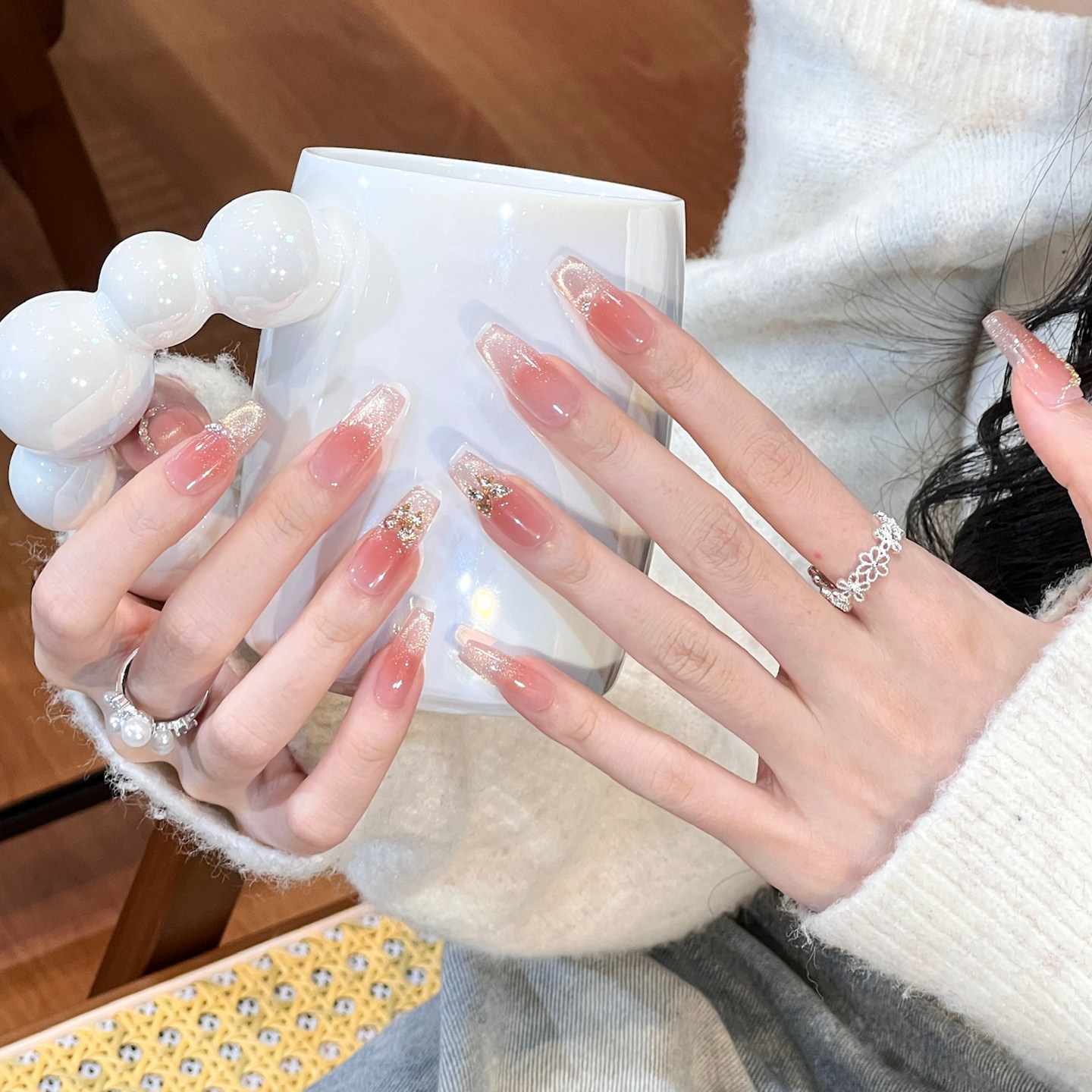 植兔纯手工穿戴甲中长款腮红裸色猫眼美甲黄皮显白蝴蝶高级感甲片,淘宝优惠券,粉丝福利购,淘宝优惠卷