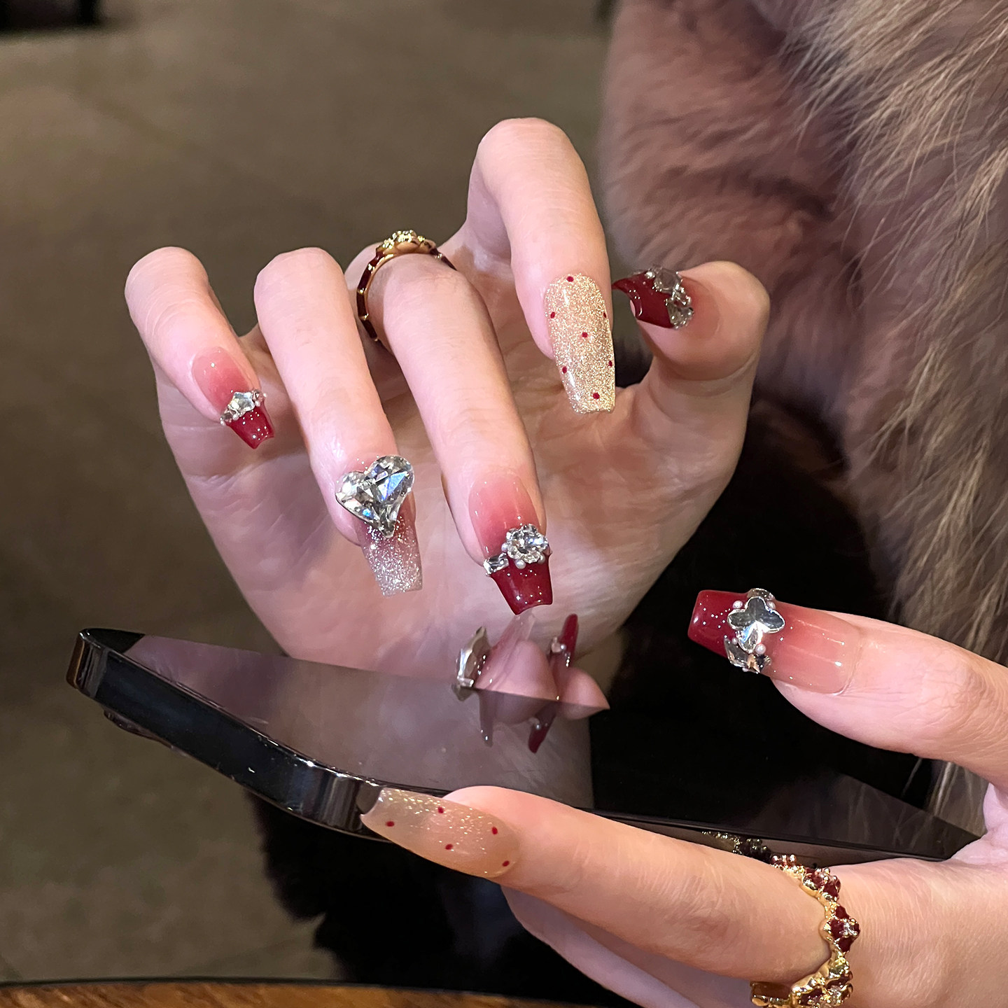 植兔手工穿戴甲中长款法式红色渐变美甲波点猫眼高级感婚纱照甲片,淘宝优惠券,粉丝福利购,淘宝优惠卷