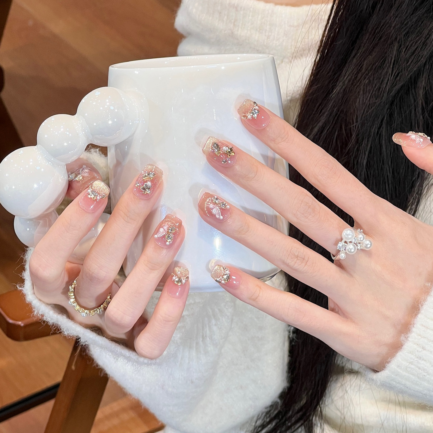 植兔手工穿戴甲短款裸色渐变法式碎钻显白螺纹美甲晕染高级感贴片,淘宝优惠券,粉丝福利购,淘宝优惠卷
