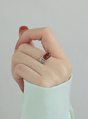 925银复古新中式唐草纹马鞍戒指环开口调节简约南红女士小众设计