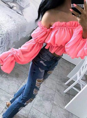 好货New Fashion Womens Chiffon Long Puff Sleeve Off Shoulder