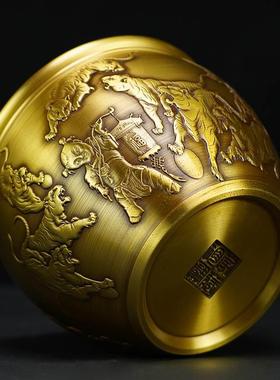 公纯铜聚宝盆吉祥虎年虎娃送福聚宝盆家居办TQU室工艺品摆件