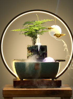 中式招财流水加湿器客厅办公室桌面摆件雾化循环生财鱼缸开业礼品