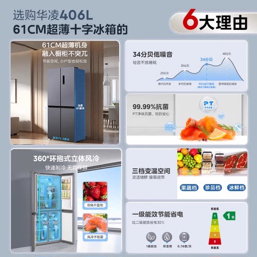 美的出品华凌426十字四门电冰箱家用风冷超薄嵌入净味大容量一级 - 图1