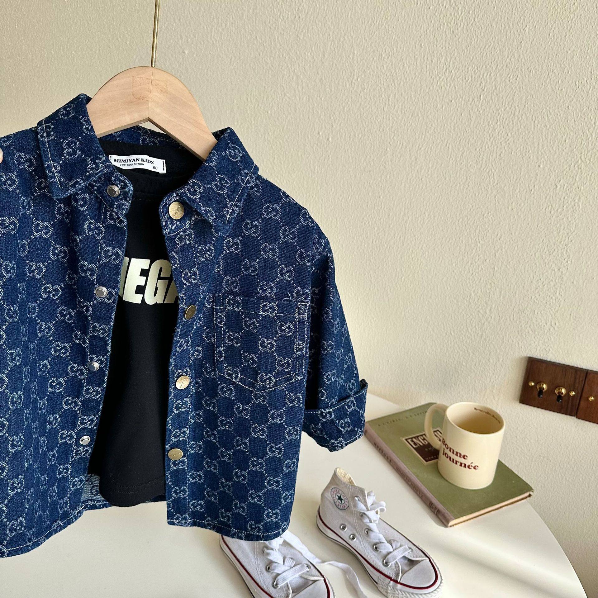 哎呦宝贝儿童衬衫24秋季新品男女童提花牛仔外套宝宝单排扣衬衣潮,淘宝优惠券,粉丝福利购,淘宝优惠卷