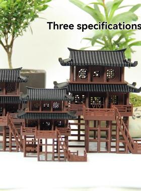 假山中国古建筑景观3D打印模型微景观双层亭屋盆景水陆缸鱼缸