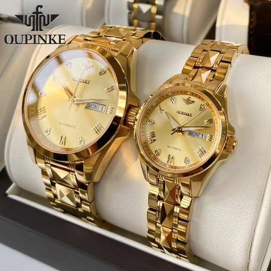 瑞士认证正品牌情侣手表一对机械表男女款钢带进口芯奢华18K金色