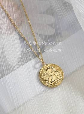 -14K Gold Round Cupid Necklace New Retro Wild Clavicle Chain