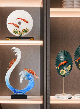 新中式摆件高端天然玉石平安扣锦鲤家居客厅玄关酒柜办公室装饰品