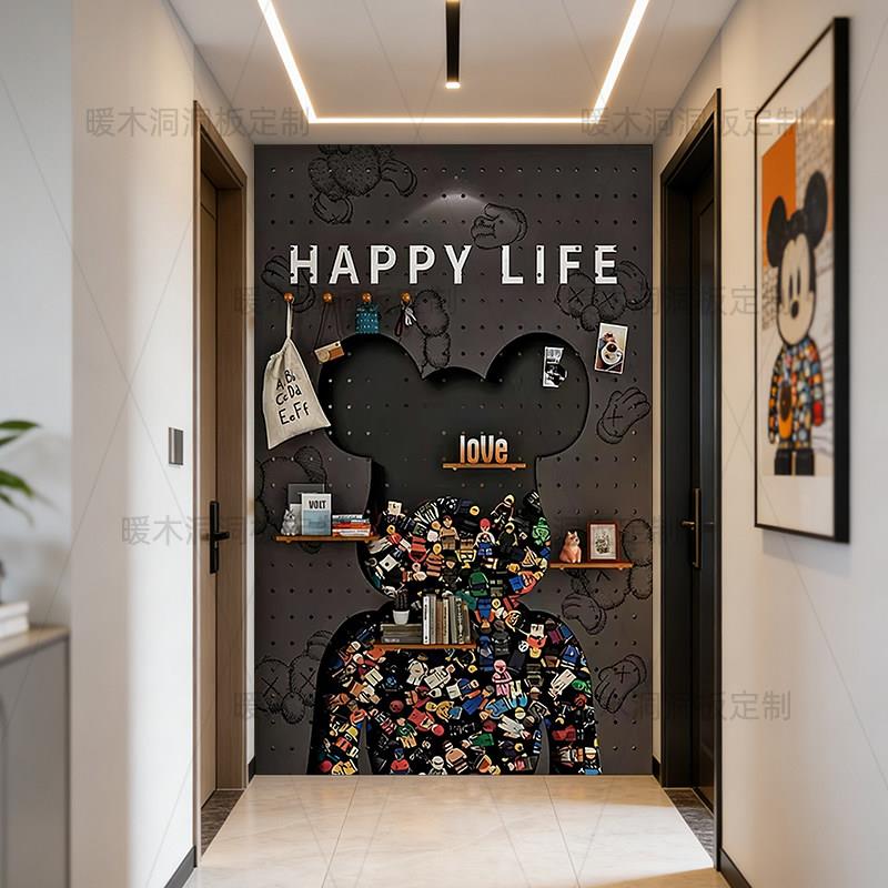 Solid wood hole board violent bear wall storage rack entrance block storage display rack living room decorative partition customization