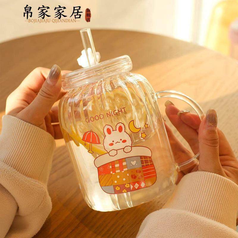 可爱卡通玻璃杯吸管杯耐高温茶杯大容量奶茶杯办公室家用带把水杯,淘宝优惠券,粉丝福利购,淘宝优惠卷