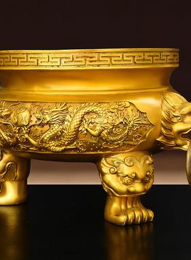 黄铜双龙香炉摆件纯铜圆底炉二龙戏珠三足鼎炉家用香炉室内装饰品