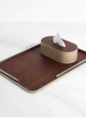 现代轻奢高端胡桃木皮革托盘摆件样板间售楼部书房纸巾盒桌面摆件
