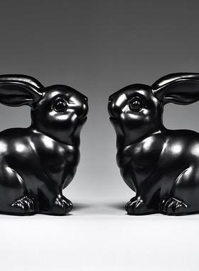 黑色木质兔子摆件实木雕刻十二生肖黑兔吉祥物客厅补角装饰工艺品