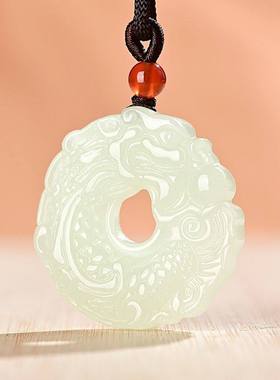 天然青白玉色祥龙平安扣玉吊坠个性中国风复古龙形雕刻玉佩男女款