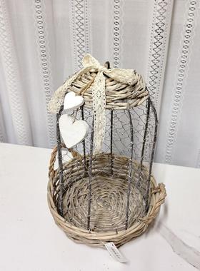 特价！外贸出口复古做旧铁艺园艺装饰花罩柳编托盘花艺绿植装饰件